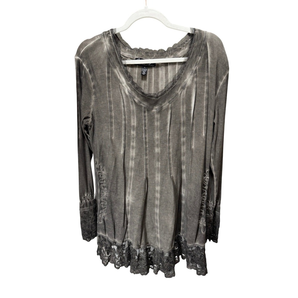 Gretty Zueger Tunic Top Womens L Grey Mineral Wash Lace Embroidered Pockets Boho